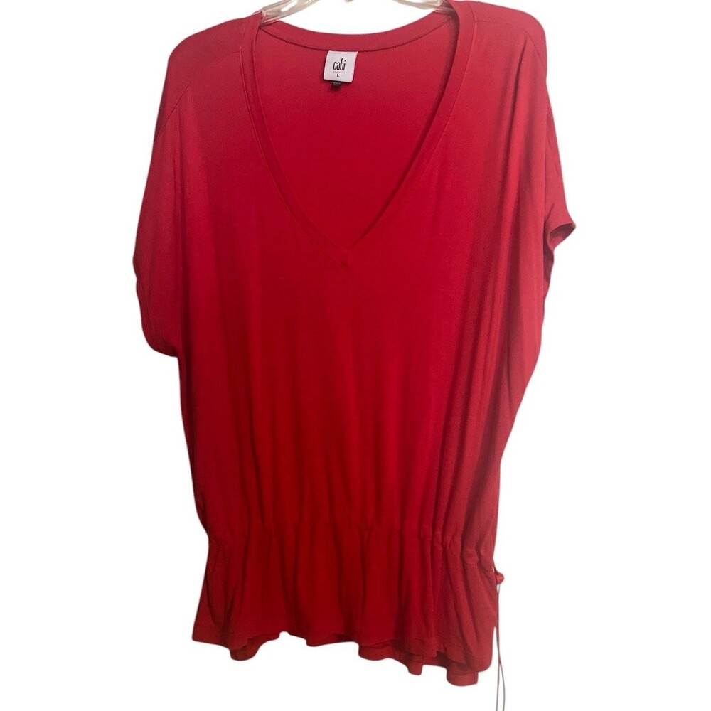 Cabi Women’s Large Cap Sleeve Red Rayon Blend V-neck Drawstring Waist